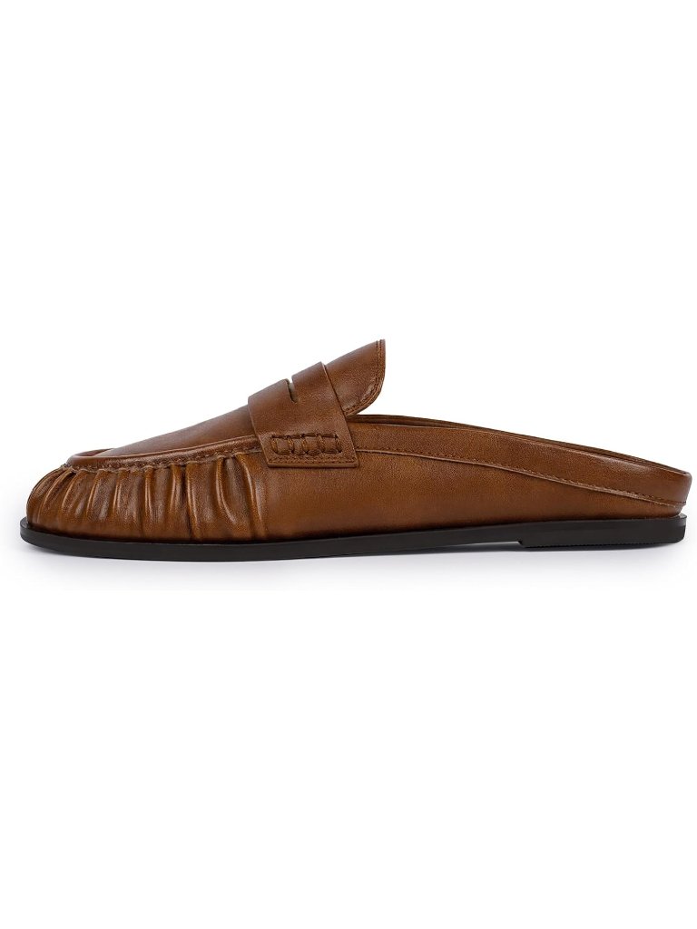 Women's Brown Comfort Loafers Slingback Flats Ruched Toe Backless Slip-On